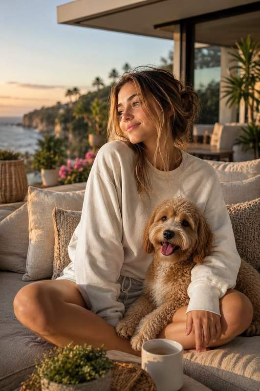 A cozy young adult woman in cute satin pajamas relaxing in h