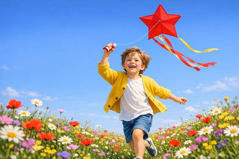 Joyful Child Flying a Red Star Kite in a Wildflower Field