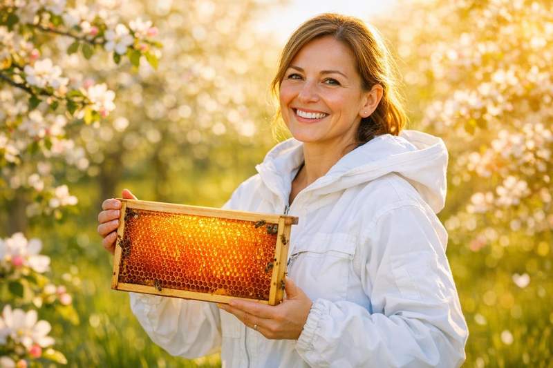 Joyful Beekeeper Holding Honey Frame in Blooming Orchard Morning